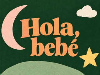 Ilustración de letras albaricoque con luna, estrella y nube sobre verde, con el mensaje «Hola, bebé»