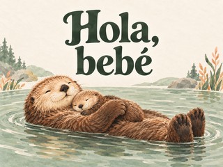 Ilustración de una nutria abrazando a su cría en agua verde salvia, con el mensaje «Hola, bebé»