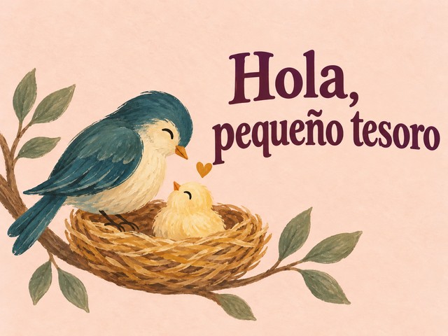 Ilustración de un pájaro azul verdoso cuidando a su polluelo en un nido, con el mensaje «Hola, pequeño tesoro»
