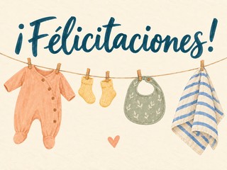 Ilustración de pequeñas prendas de bebé en un tendedero, con el mensaje «¡Felicitaciones!»