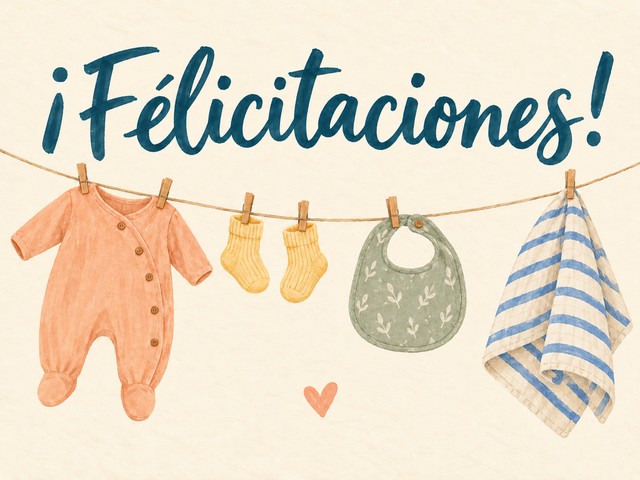 Ilustración de pequeñas prendas de bebé en un tendedero, con el mensaje «¡Felicitaciones!»
