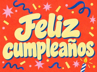 Ilustración de letras amarillas, confeti y una vela sobre rojo coral, con el mensaje «Feliz cumpleaños»