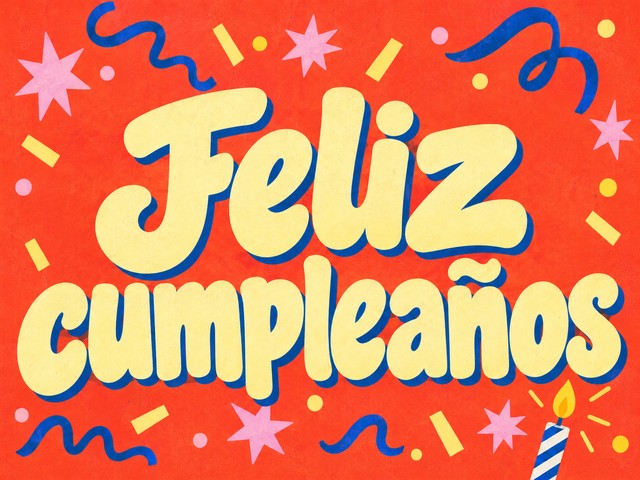 Ilustración de letras amarillas, confeti y una vela sobre rojo coral, con el mensaje «Feliz cumpleaños»
