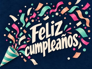 Ilustración de confeti menta, melocotón y rosa sobre azul noche, con el mensaje «Feliz cumpleaños»