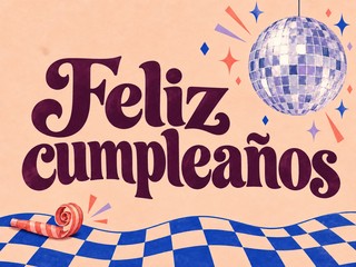 Ilustración de una bola de discoteca sobre una pista de cuadros azules, con el mensaje «Feliz cumpleaños»