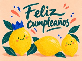 Ilustración de tres limones amarillos sonrientes y una corona azul, con el mensaje «Feliz cumpleaños»