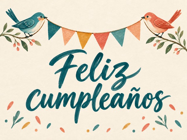 Ilustración de dos pájaros llevando una guirnalda de banderines, con el mensaje «Feliz cumpleaños»