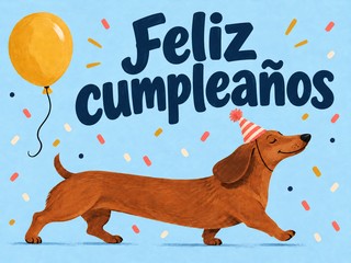 Ilustración de un perro salchicha con sombrero de fiesta junto a un globo amarillo, con el mensaje «Feliz cumpleaños»