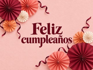 Ilustración de rosetas de papel coral, albaricoque y crema sobre rosa, con el mensaje «Feliz cumpleaños»