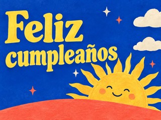 Ilustración de un sol sonriente sobre una colina coral en azul cobalto, con el mensaje «Feliz cumpleaños»