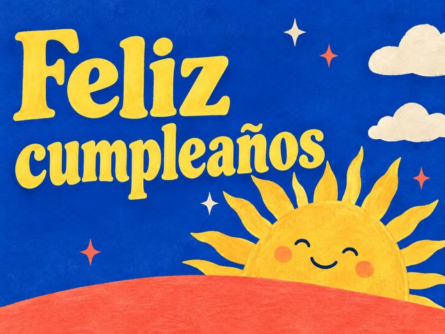 Ilustración de un sol sonriente sobre una colina coral en azul cobalto, con el mensaje «Feliz cumpleaños»