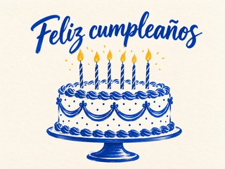 Ilustración de una tarta dibujada en tinta azul con seis velas encendidas, con el mensaje «Feliz cumpleaños»