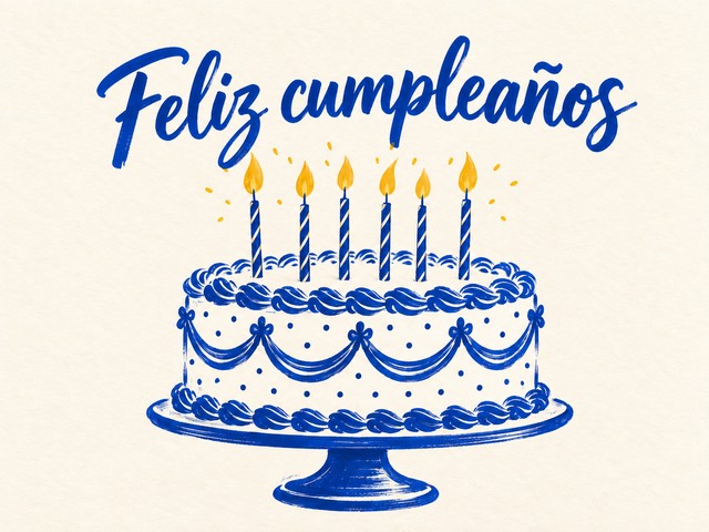 Ilustración de una tarta dibujada en tinta azul con seis velas encendidas, con el mensaje «Feliz cumpleaños»