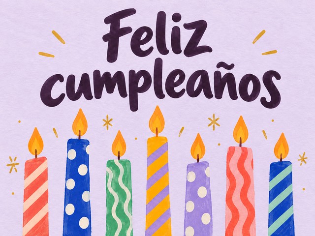 Ilustración de siete velas de colores sobre lavanda, con el mensaje «Feliz cumpleaños»