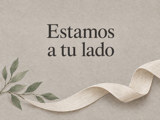 Ilustración de una cinta de lino marfil y una rama sobre gris, con el mensaje «Estamos a tu lado»