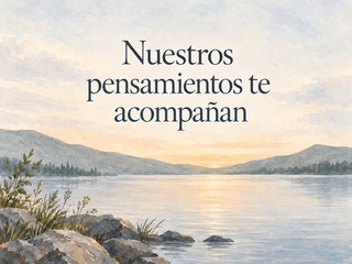 Ilustración de un lago tranquilo y montañas al amanecer, con el mensaje «Nuestros pensamientos te acompañan»