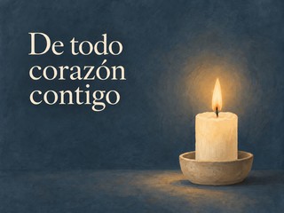 Ilustración de una vela de luz suave sobre gris azulado, con el mensaje «De todo corazón contigo»