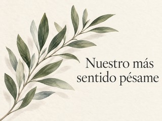 Ilustración de una rama de olivo sobre crema, con el mensaje «Nuestro más sentido pésame»