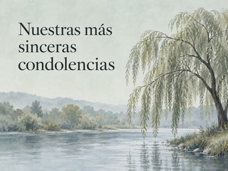 Ilustración de un sauce junto a un río sobre verde salvia, con el mensaje «Nuestras más sinceras condolencias»