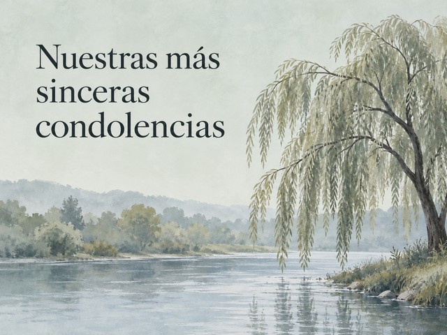 Ilustración de un sauce junto a un río sobre verde salvia, con el mensaje «Nuestras más sinceras condolencias»