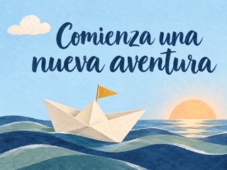 Ilustración de un barco de papel sobre olas azules al amanecer, con el mensaje «Comienza una nueva aventura»