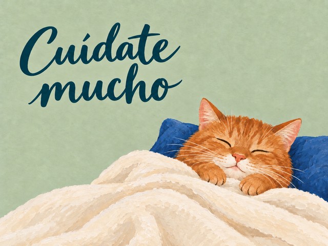 Ilustración de un gato naranja bajo una manta crema sobre verde salvia, con el mensaje «Cuídate mucho»