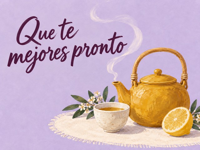 Ilustración de una tetera amarilla, una taza y un limón sobre lavanda, con el mensaje «Que te mejores pronto»
