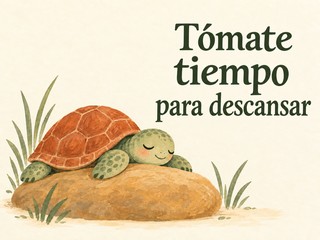 Ilustración de una tortuga descansando sobre una roca sobre crema, con el mensaje «Tómate tiempo para descansar»