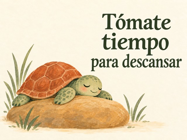 Ilustración de una tortuga descansando sobre una roca sobre crema, con el mensaje «Tómate tiempo para descansar»