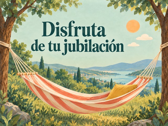 Ilustración de una hamaca de rayas coral y crema entre dos árboles, con el mensaje «Disfruta de tu jubilación»