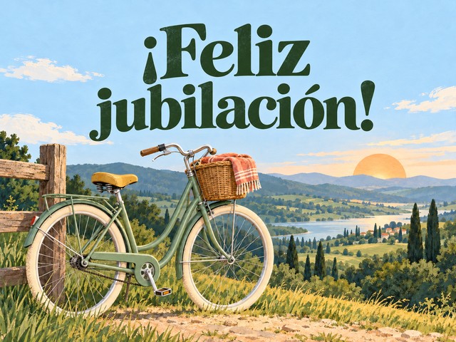 Ilustración de una bicicleta verde y una cesta de picnic entre colinas soleadas, con el mensaje «¡Feliz jubilación!»
