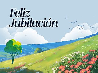 Portada de tarjeta de jubilación con colinas y flores