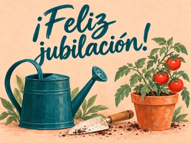 Ilustración de una regadera, una paleta y una tomatera sobre melocotón, con el mensaje «¡Feliz jubilación!»