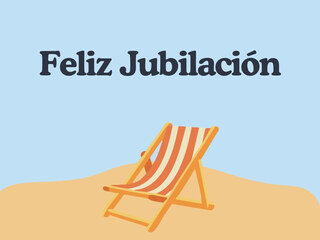 Portada de tarjeta de jubilación con tumbona en la playa y texto Feliz Jubilación