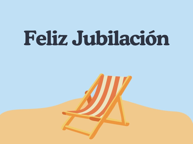 Portada de tarjeta de jubilación con tumbona en la playa y texto Feliz Jubilación