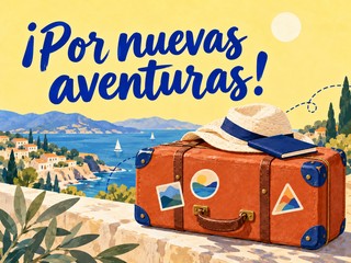 Ilustración de una maleta terracota y un sombrero junto al mar, con el mensaje «¡Por nuevas aventuras!»