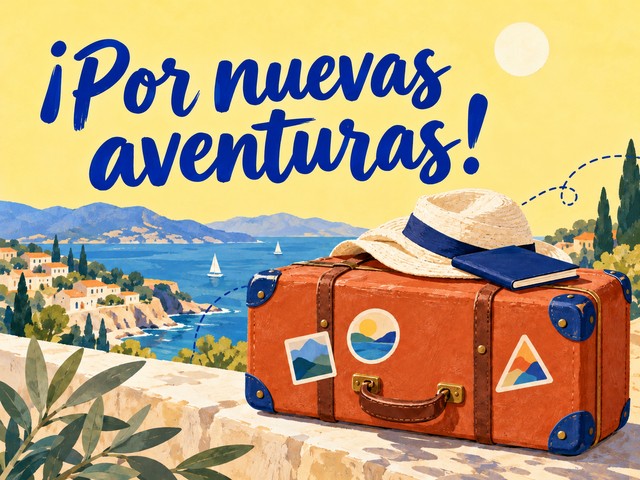 Ilustración de una maleta terracota y un sombrero junto al mar, con el mensaje «¡Por nuevas aventuras!»