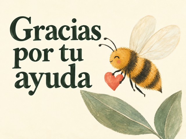 Ilustración de una abeja llevando un corazón coral sobre crema, con el mensaje «Gracias por tu ayuda»
