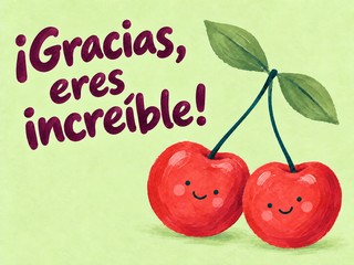 Ilustración de dos cerezas sonrientes sobre pistacho, con el mensaje «¡Gracias, eres increíble!»