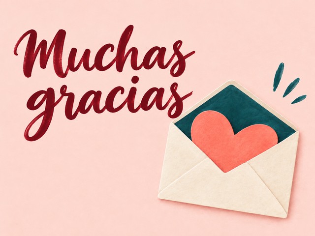 Ilustración de un sobre con un corazón coral sobre rosa, con el mensaje «Muchas gracias»
