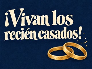 Ilustración de dos alianzas doradas sobre azul noche, con el mensaje «¡Vivan los recién casados!»
