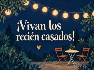 Ilustración de un jardín nocturno iluminado por farolillos con dos sillas y una mesa, con el mensaje «¡Vivan los recién casados!»