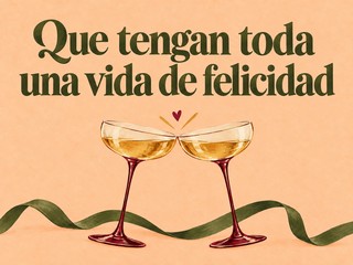 Ilustración de dos copas de champán y una cinta verde sobre albaricoque, con el mensaje «Que tengan toda una vida de felicidad»