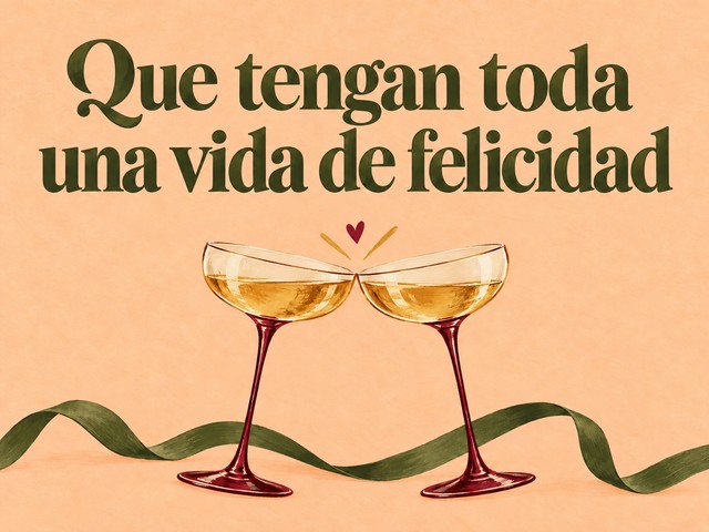 Ilustración de dos copas de champán y una cinta verde sobre albaricoque, con el mensaje «Que tengan toda una vida de felicidad»