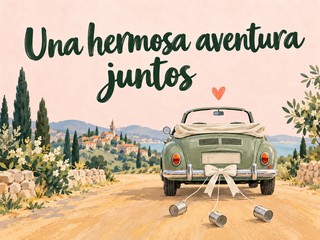 Ilustración de un coche de boda verde con latas en un paisaje soleado, con el mensaje «Una hermosa aventura juntos»