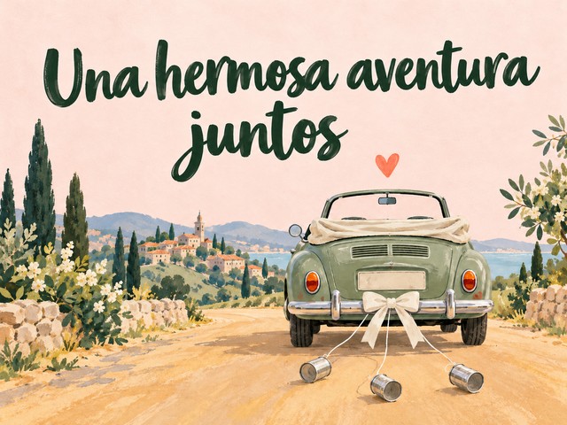 Ilustración de un coche de boda verde con latas en un paisaje soleado, con el mensaje «Una hermosa aventura juntos»