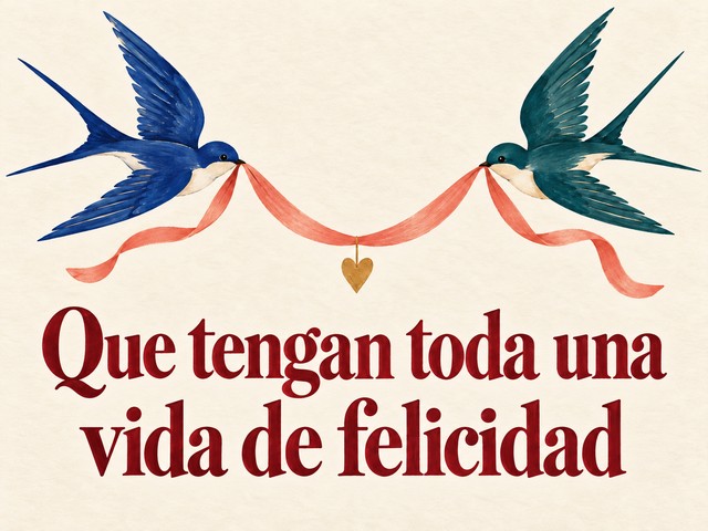 Ilustración de dos golondrinas llevando una cinta coral y un corazón dorado, con el mensaje «Que tengan toda una vida de felicidad»