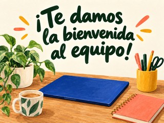 Ilustración de un ordenador, un cuaderno y lápices sobre un escritorio, con el mensaje «¡Te damos la bienvenida al equipo!»
