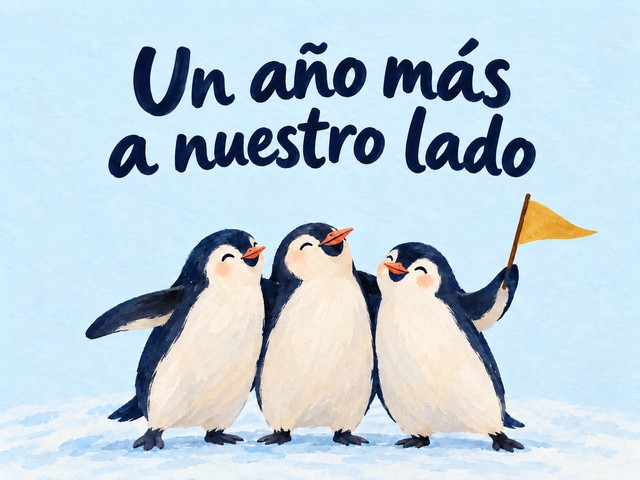 Ilustración de tres pingüinos y un banderín amarillo sobre azul claro, con el mensaje «Un año más a nuestro lado»
