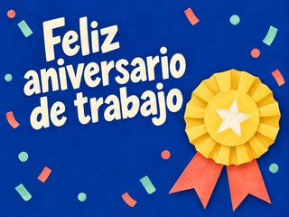 Ilustración de una escarapela amarilla y confeti sobre azul, con el mensaje «Feliz aniversario de trabajo»